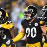 T.J. Watt #90 of the Pittsburgh Steelers celebrates with teammates during the fourth quarter against the Seattle Seahawks at Heinz Field on October 17, 2021 in Pittsburgh, Pennsylvania.