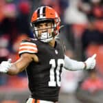 Anthony Schwartz #10 of the Cleveland Browns looks on after the touchback during the fourth quarter against the Arizona Cardinals at FirstEnergy Stadium on October 17, 2021 in Cleveland, Ohio.