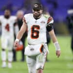 Quarterback Baker Mayfield #6 of the Cleveland Browns walks off the field following the Browns loss against the Baltimore Ravens at M&T Bank Stadium on November 28, 2021 in Baltimore, Maryland.