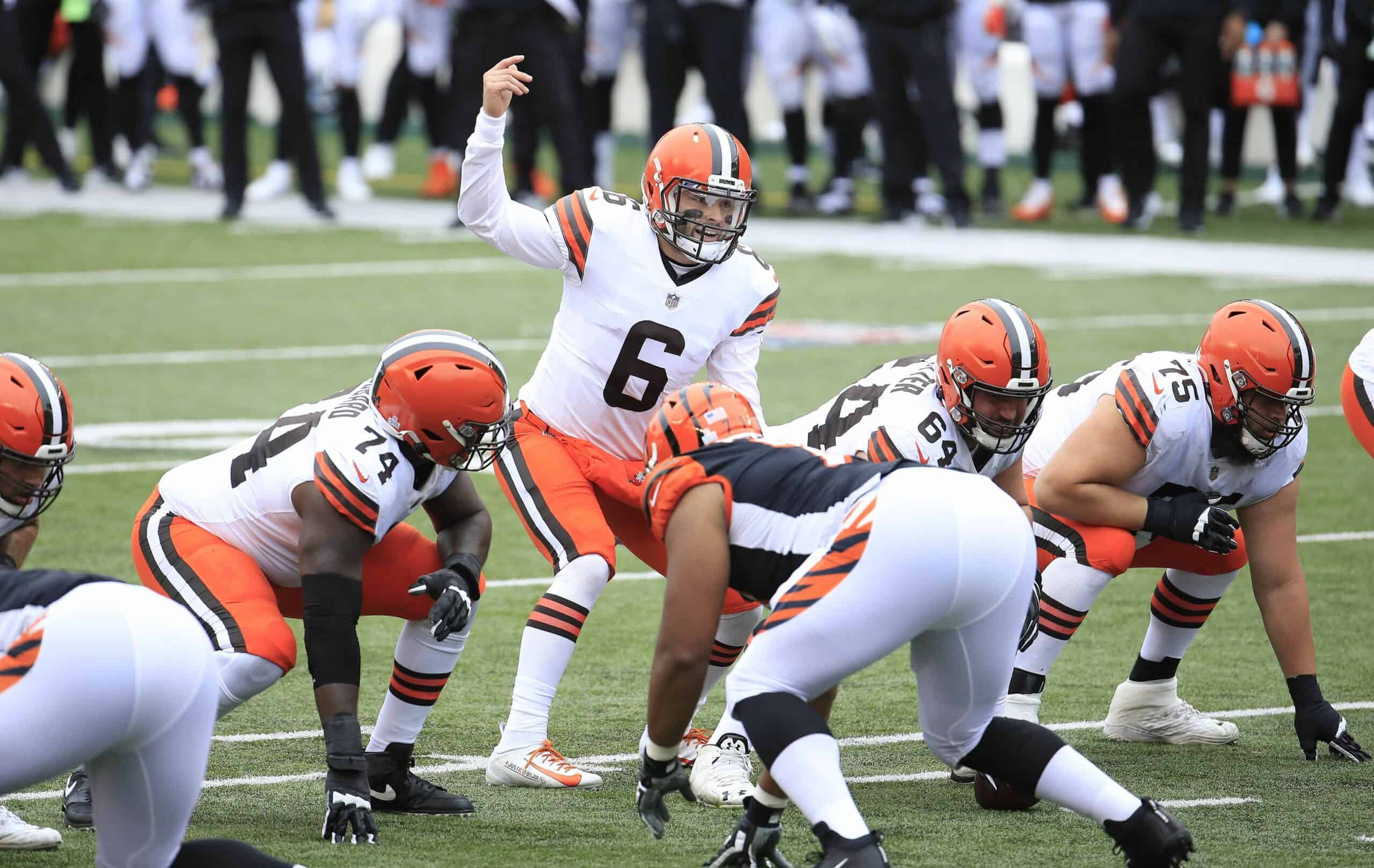 Baker Mayfield #6 of the Cleveland Browns gives instructions to his team against the Cincinnati Bengals at Paul Brown Stadium on October 25, 2020 in Cincinnati, Ohio. 