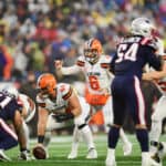 Quarterback Baker Mayfield #6 of the Cleveland Browns calls a play in the second quarter of the game against the New England Patriots at Gillette Stadium on October 27, 2019 in Foxborough, Massachusetts.