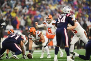 Quarterback Baker Mayfield #6 of the Cleveland Browns calls a play in the second quarter of the game against the New England Patriots at Gillette Stadium on October 27, 2019 in Foxborough, Massachusetts.