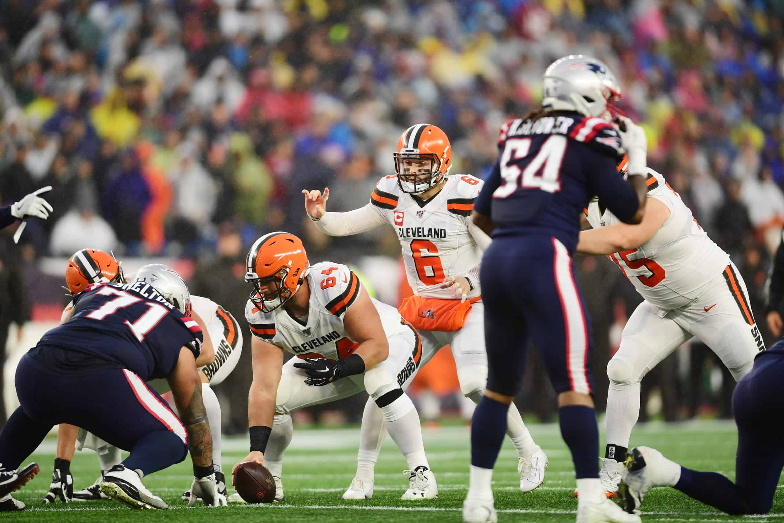 Quarterback Baker Mayfield #6 of the Cleveland Browns calls a play in the second quarter of the game against the New England Patriots at Gillette Stadium on October 27, 2019 in Foxborough, Massachusetts.