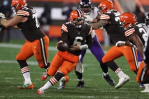 Baker Mayfield #6 of the Cleveland Browns while playing the Baltimore Ravens at FirstEnergy Stadium on December 14, 2020 in Cleveland, Ohio.