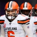 Quarterback Baker Mayfield #6 of the Cleveland Browns and teammates take the field for their game against the New England Patriots at Gillette Stadium on October 27, 2019 in Foxborough, Massachusetts.