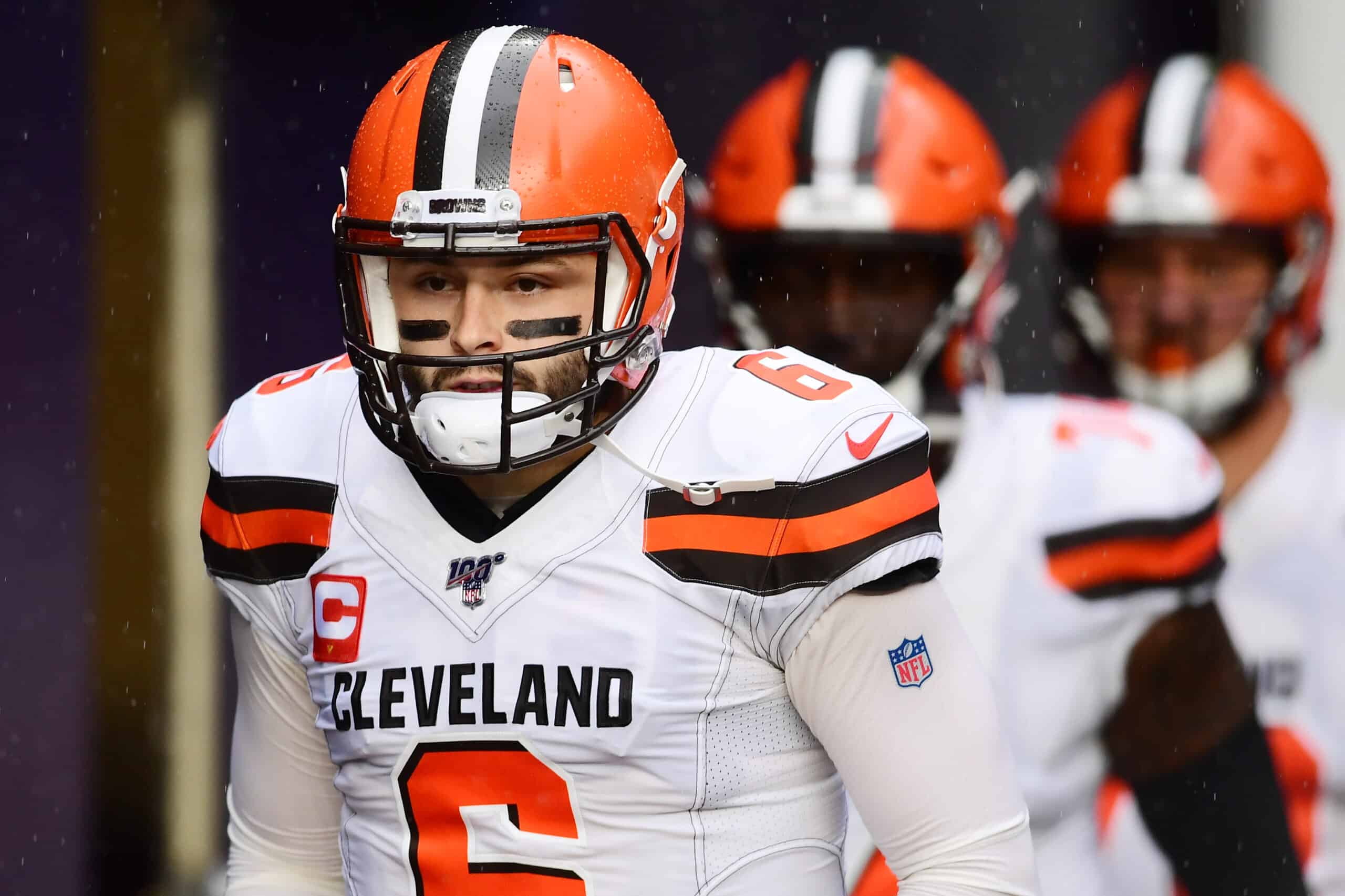 Quarterback Baker Mayfield #6 of the Cleveland Browns and teammates take the field for their game against the New England Patriots at Gillette Stadium on October 27, 2019 in Foxborough, Massachusetts. 