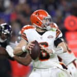 Quarterback Baker Mayfield #6 of the Cleveland Browns drops back to pass against the Baltimore Ravens at M&T Bank Stadium on November 28, 2021 in Baltimore, Maryland.