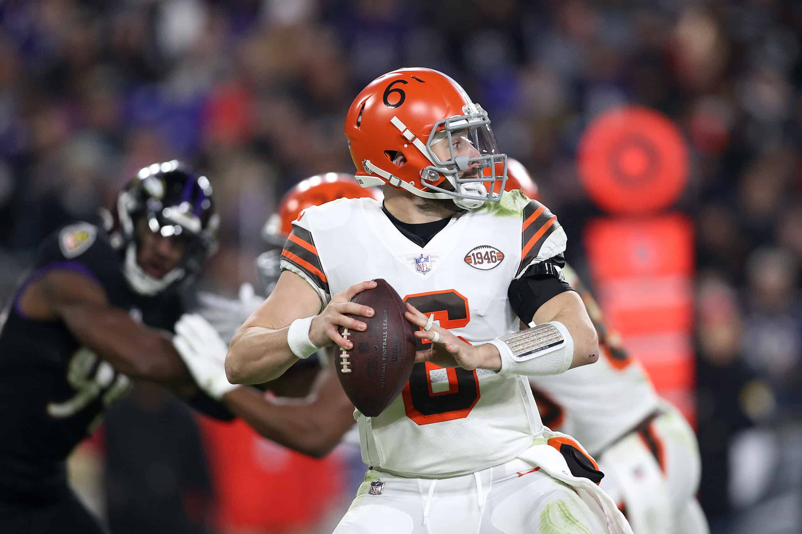 Quarterback Baker Mayfield #6 of the Cleveland Browns drops back to pass against the Baltimore Ravens at M&T Bank Stadium on November 28, 2021 in Baltimore, Maryland. 