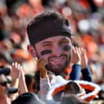 A fan holds up a picture of Baker Mayfield #6 of the Cleveland Browns during the first half against the Pittsburgh Steelers at FirstEnergy Stadium on October 31, 2021 in Cleveland, Ohio.
