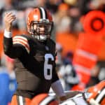 Baker Mayfield #6 of the Cleveland Browns calls a play during the second half against the Pittsburgh Steelers at FirstEnergy Stadium on October 31, 2021 in Cleveland, Ohio.