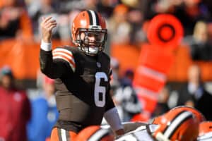 Baker Mayfield #6 of the Cleveland Browns calls a play during the second half against the Pittsburgh Steelers at FirstEnergy Stadium on October 31, 2021 in Cleveland, Ohio.