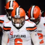 Quarterback Baker Mayfield #6 of the Cleveland Browns and teammates take the field for their game against the New England Patriots at Gillette Stadium on October 27, 2019 in Foxborough, Massachusetts.