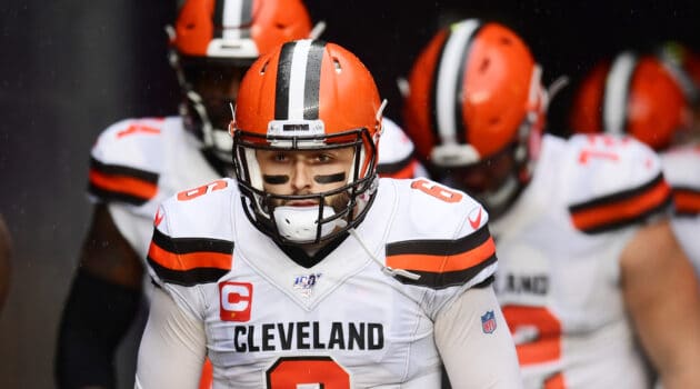 Quarterback Baker Mayfield #6 of the Cleveland Browns and teammates take the field for their game against the New England Patriots at Gillette Stadium on October 27, 2019 in Foxborough, Massachusetts.