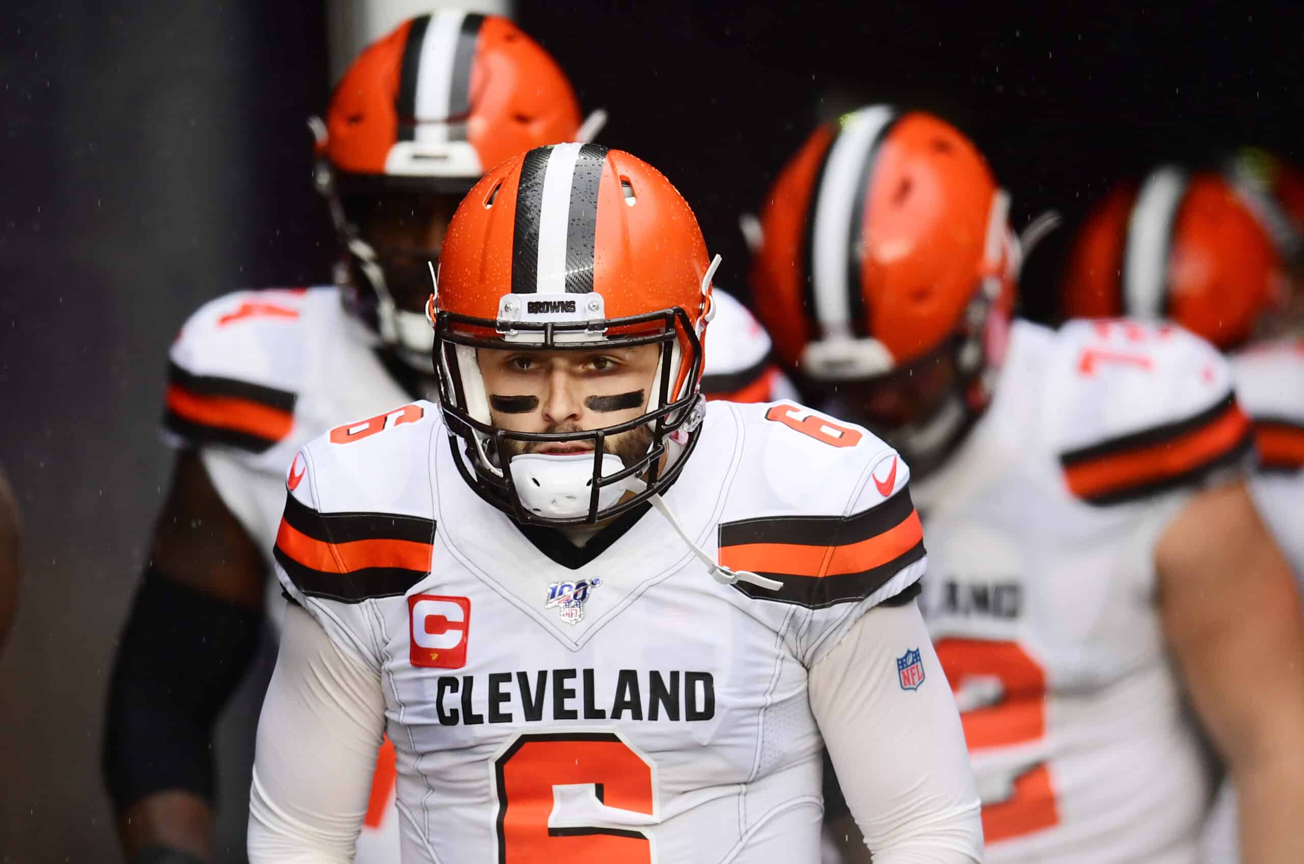 Quarterback Baker Mayfield #6 of the Cleveland Browns and teammates take the field for their game against the New England Patriots at Gillette Stadium on October 27, 2019 in Foxborough, Massachusetts.