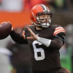 Baker Mayfield #6 of the Cleveland Browns plays against the Detroit Lions at FirstEnergy Stadium on November 21, 2021 in Cleveland, Ohio.