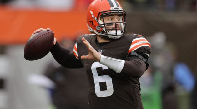 Baker Mayfield #6 of the Cleveland Browns plays against the Detroit Lions at FirstEnergy Stadium on November 21, 2021 in Cleveland, Ohio.