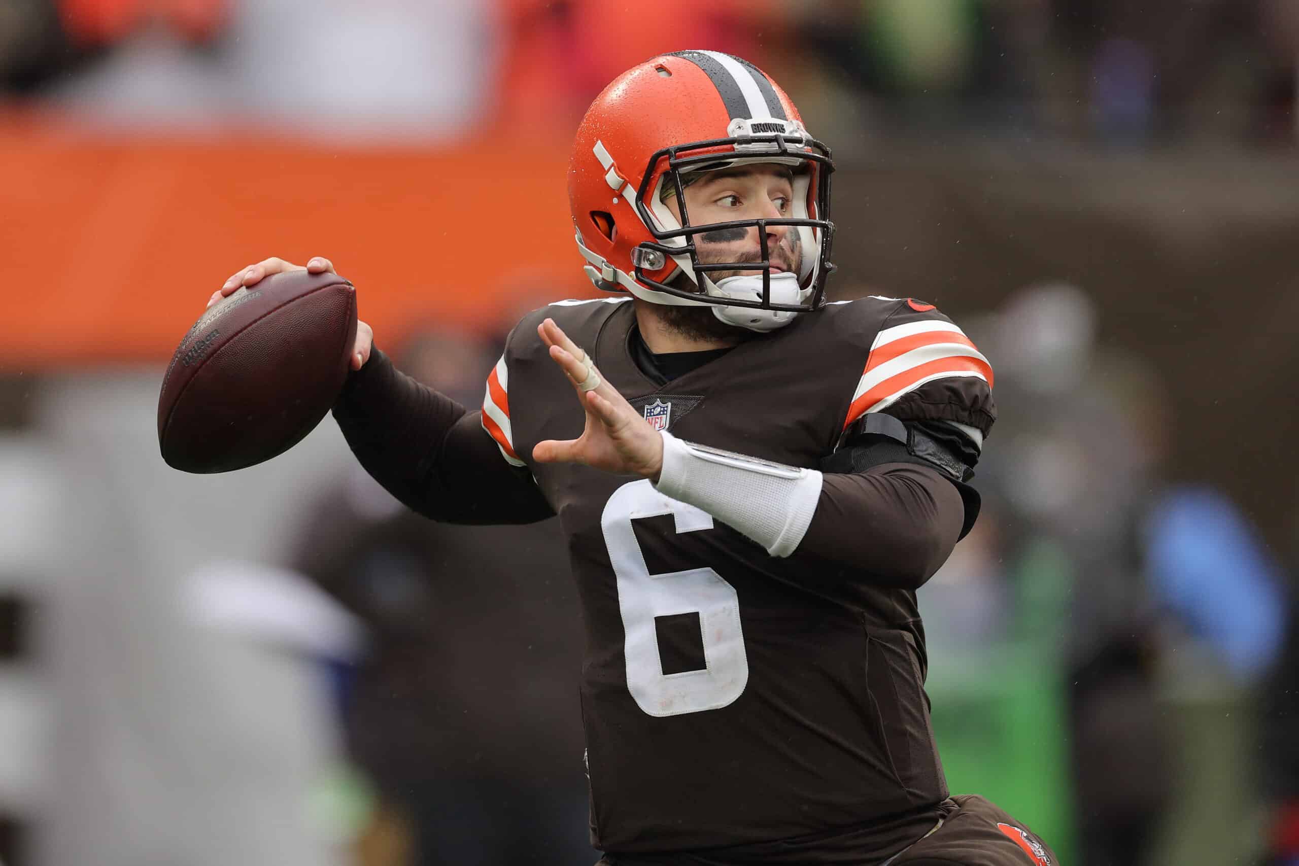 Baker Mayfield #6 of the Cleveland Browns plays against the Detroit Lions at FirstEnergy Stadium on November 21, 2021 in Cleveland, Ohio.