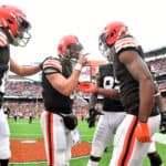 Baker Mayfield #6 of the Cleveland Browns celebrates with Donovan Peoples-Jones #11 after a touchdown reception at the end of the second quarter against the Arizona Cardinals at FirstEnergy Stadium on October 17, 2021 in Cleveland, Ohio.