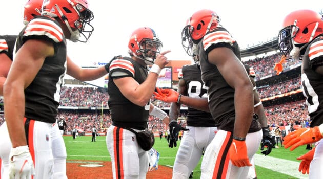 Baker Mayfield #6 of the Cleveland Browns celebrates with Donovan Peoples-Jones #11 after a touchdown reception at the end of the second quarter against the Arizona Cardinals at FirstEnergy Stadium on October 17, 2021 in Cleveland, Ohio.