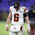 Quarterback Baker Mayfield #6 of the Cleveland Browns walks off the field following the Browns loss against the Baltimore Ravens at M&T Bank Stadium on November 28, 2021 in Baltimore, Maryland.