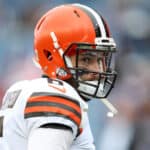 Baker Mayfield #6 of the Cleveland Browns warms up before the game against the New England Patriots at Gillette Stadium on November 14, 2021 in Foxborough, Massachusetts.