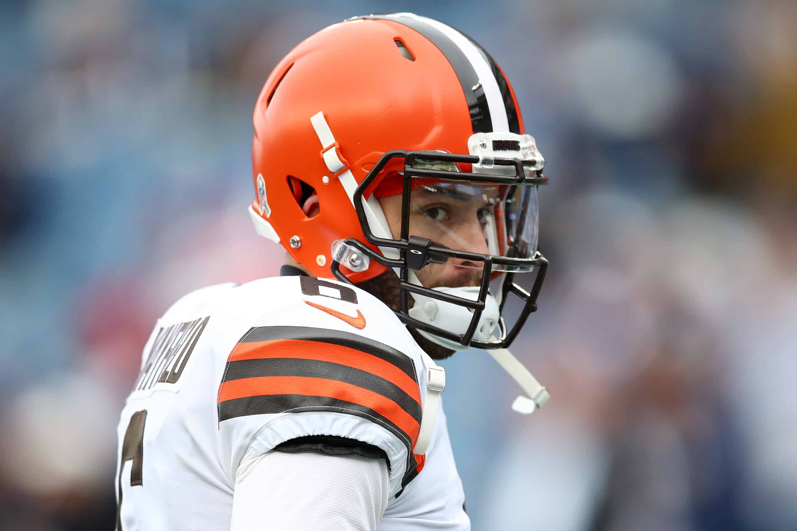 Baker Mayfield #6 of the Cleveland Browns warms up before the game against the New England Patriots at Gillette Stadium on November 14, 2021 in Foxborough, Massachusetts. 