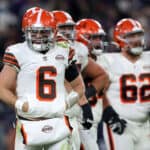 Quarterback Baker Mayfield #6 of the Cleveland Browns looks on after being sacked against the Baltimore Ravens in the second half at M&T Bank Stadium on November 28, 2021 in Baltimore, Maryland.