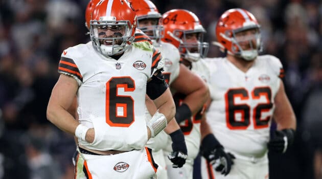 Quarterback Baker Mayfield #6 of the Cleveland Browns looks on after being sacked against the Baltimore Ravens in the second half at M&T Bank Stadium on November 28, 2021 in Baltimore, Maryland.