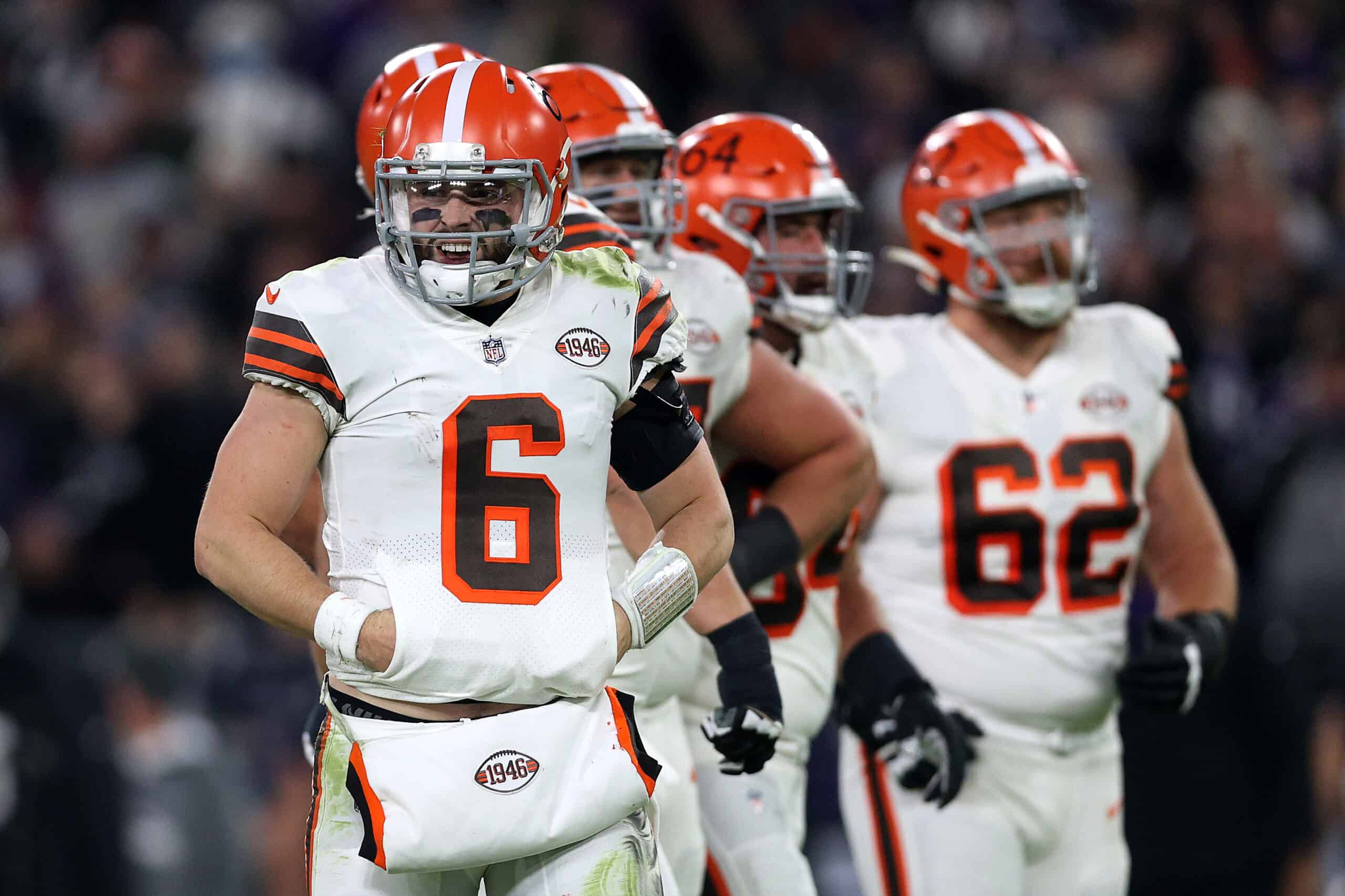 Quarterback Baker Mayfield #6 of the Cleveland Browns looks on after being sacked against the Baltimore Ravens in the second half at M&T Bank Stadium on November 28, 2021 in Baltimore, Maryland.