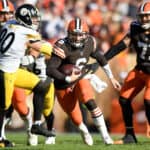 Baker Mayfield #6 of the Cleveland Browns carries the ball against the Pittsburgh Steelers during the second half at FirstEnergy Stadium on October 31, 2021 in Cleveland, Ohio.