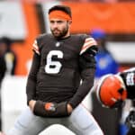 Baker Mayfield #6 of the Cleveland Browns warms up before the game against the Detroit Lions at FirstEnergy Stadium on November 21, 2021 in Cleveland, Ohio.