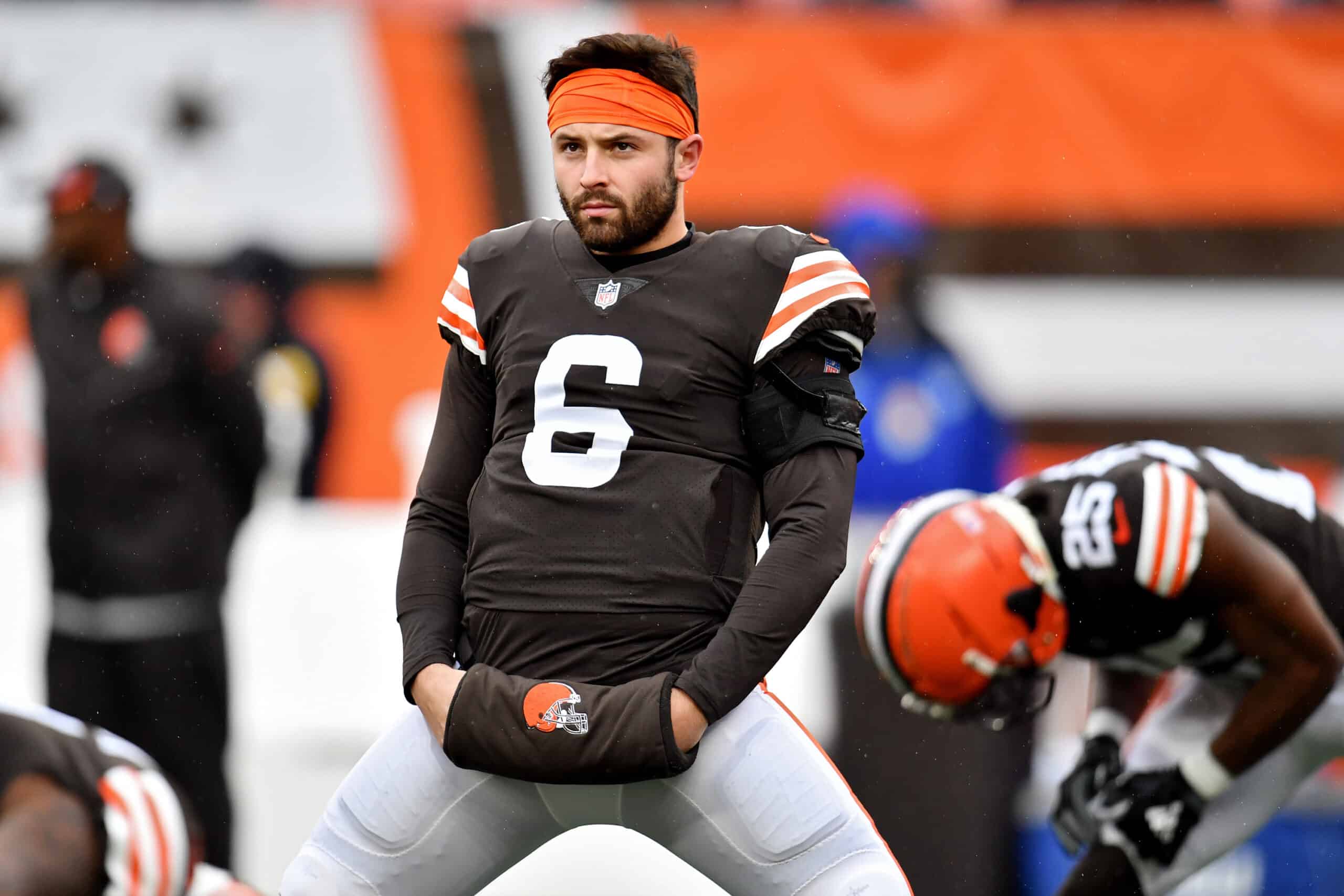 Baker Mayfield #6 of the Cleveland Browns warms up before the game against the Detroit Lions at FirstEnergy Stadium on November 21, 2021 in Cleveland, Ohio.