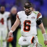 Baker Mayfield #6 of the Cleveland Browns looks on during a game against the Baltimore Ravens at M&T Bank Stadium on November 28, 2021 in Baltimore, Maryland.