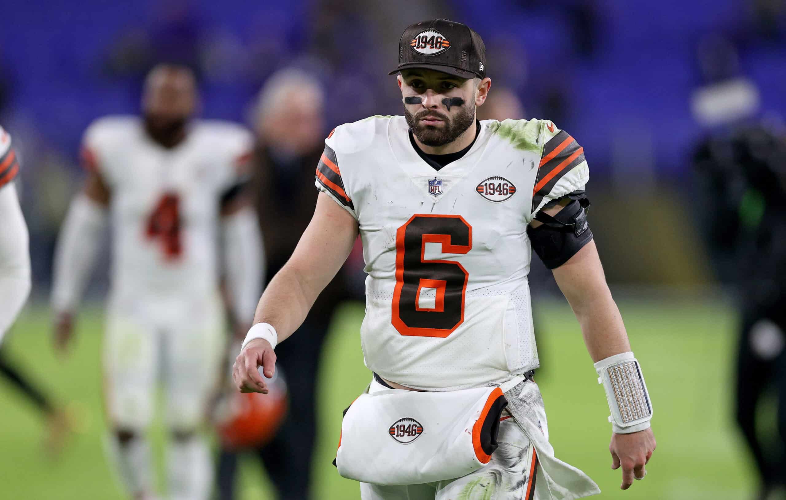 Baker Mayfield #6 of the Cleveland Browns looks on during a game against the Baltimore Ravens at M&T Bank Stadium on November 28, 2021 in Baltimore, Maryland.