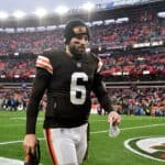 Baker Mayfield #6 of the Cleveland Browns looks on after the game against the Detroit Lions at FirstEnergy Stadium on November 21, 2021 in Cleveland, Ohio.