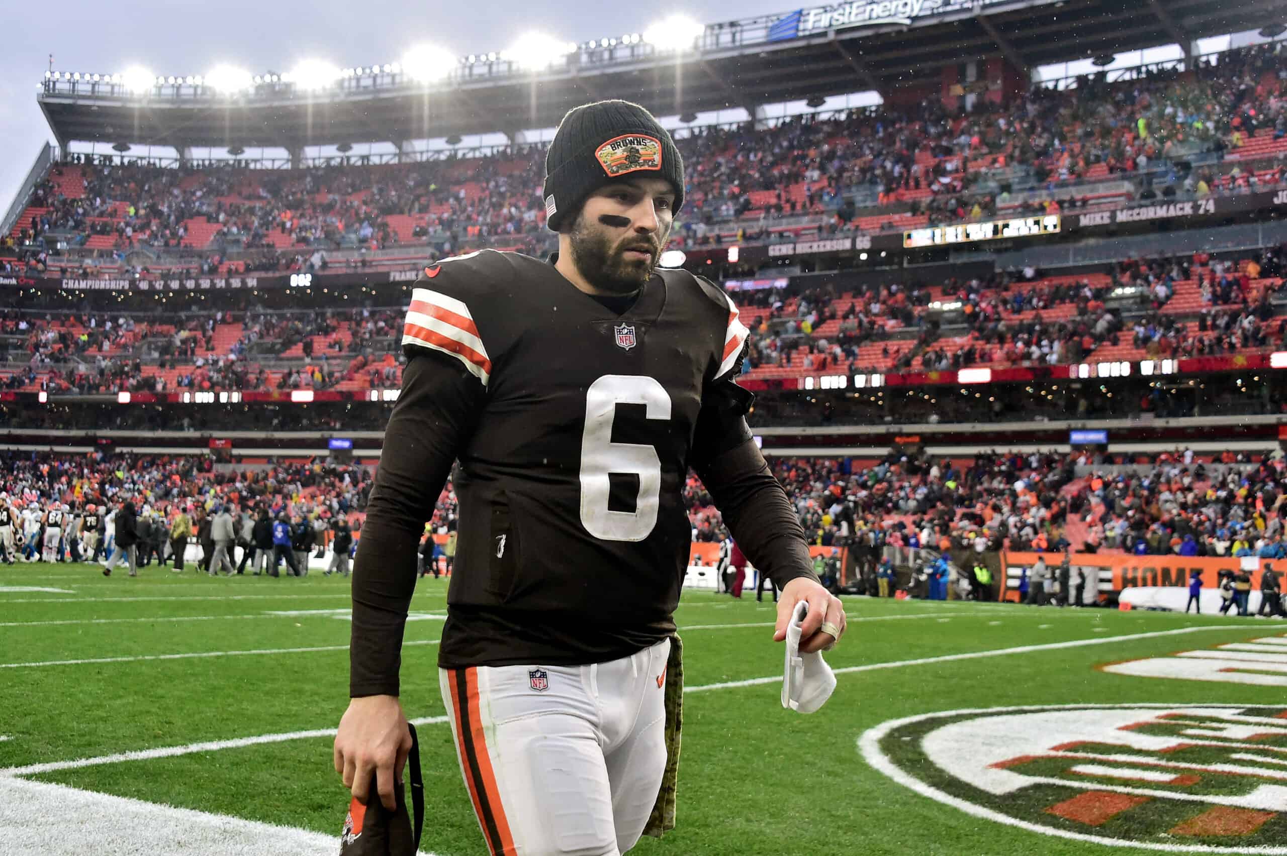 Baker Mayfield #6 of the Cleveland Browns looks on after the game against the Detroit Lions at FirstEnergy Stadium on November 21, 2021 in Cleveland, Ohio.