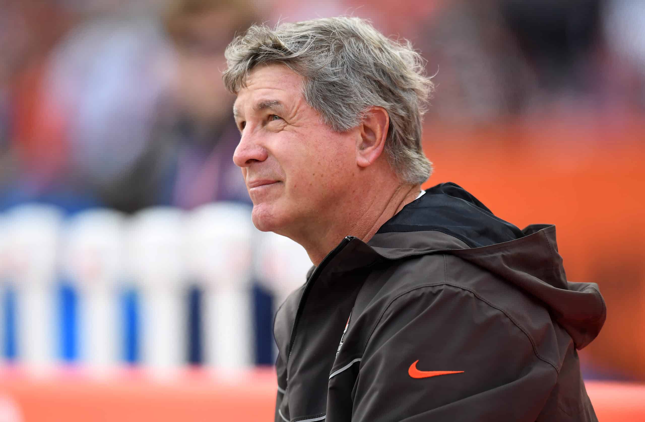 Offensive line coach Bill Callahan of the Cleveland Browns looks on prior to the game against the Arizona Cardinals at FirstEnergy Stadium on October 17, 2021 in Cleveland, Ohio. 