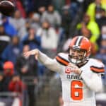 Baker Mayfield #6 of the Cleveland Browns throws the ball in the first quarter against the New England Patriots at Gillette Stadium on October 27, 2019 in Foxborough, Massachusetts.
