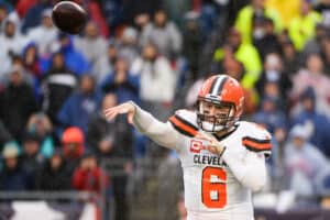 Baker Mayfield #6 of the Cleveland Browns throws the ball in the first quarter against the New England Patriots at Gillette Stadium on October 27, 2019 in Foxborough, Massachusetts.