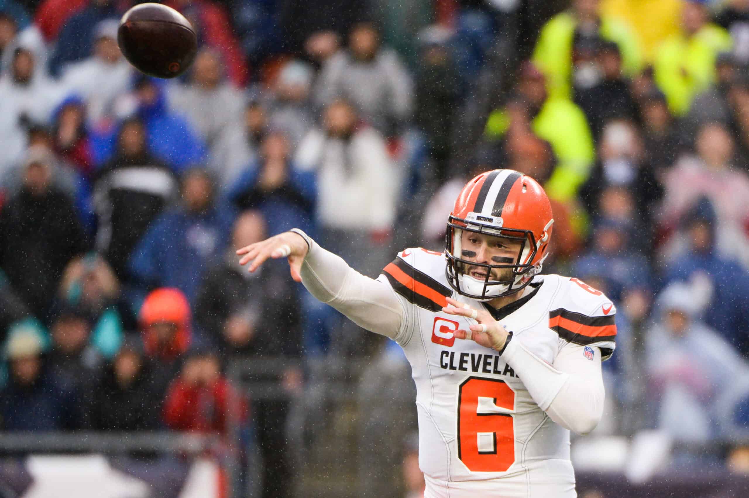 Baker Mayfield #6 of the Cleveland Browns throws the ball in the first quarter against the New England Patriots at Gillette Stadium on October 27, 2019 in Foxborough, Massachusetts. 