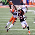 Rashard Higgins #82 of the Cleveland Browns catches a ball while being defended by Darius Phillips #23 of the Cincinnati Bengals during the fourth quarter at Paul Brown Stadium on October 25, 2020 in Cincinnati, Ohio.