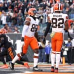 David Njoku #85 of the Cleveland Browns celebrates with Rashard Higgins #82 after scoring a touchdown during the fourth quarter against the Cincinnati Bengals at Paul Brown Stadium on November 07, 2021 in Cincinnati, Ohio.