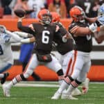 Baker Mayfield #6 of the Cleveland Browns plays against the Detroit Lions at FirstEnergy Stadium on November 21, 2021 in Cleveland, Ohio.