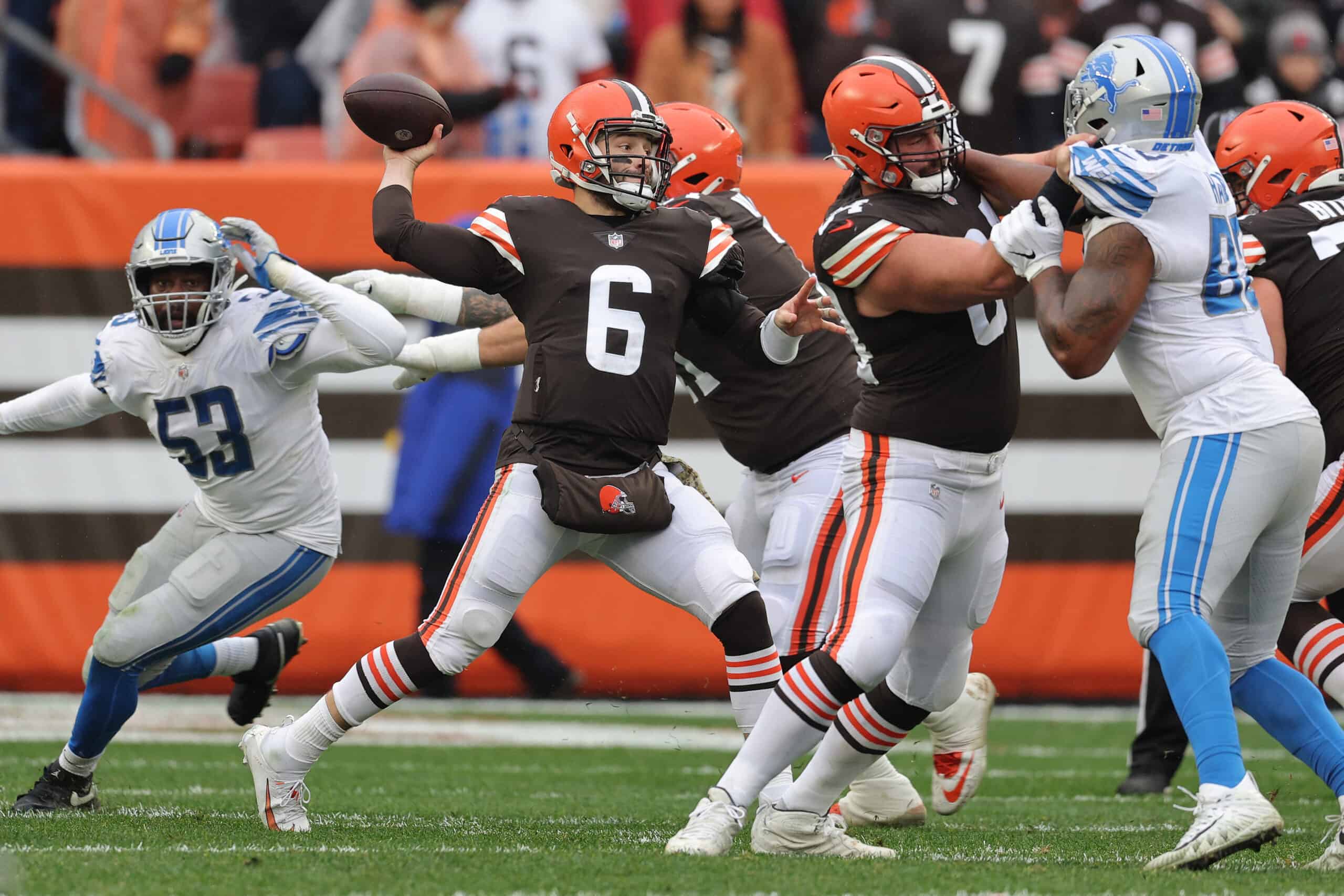 Baker Mayfield #6 of the Cleveland Browns plays against the Detroit Lions at FirstEnergy Stadium on November 21, 2021 in Cleveland, Ohio.