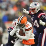 Wide receiver Jarvis Landry #80 of the Cleveland Browns carries the ball in the second quarter of the game against the New England Patriots at Gillette Stadium on October 27, 2019 in Foxborough, Massachusetts.
