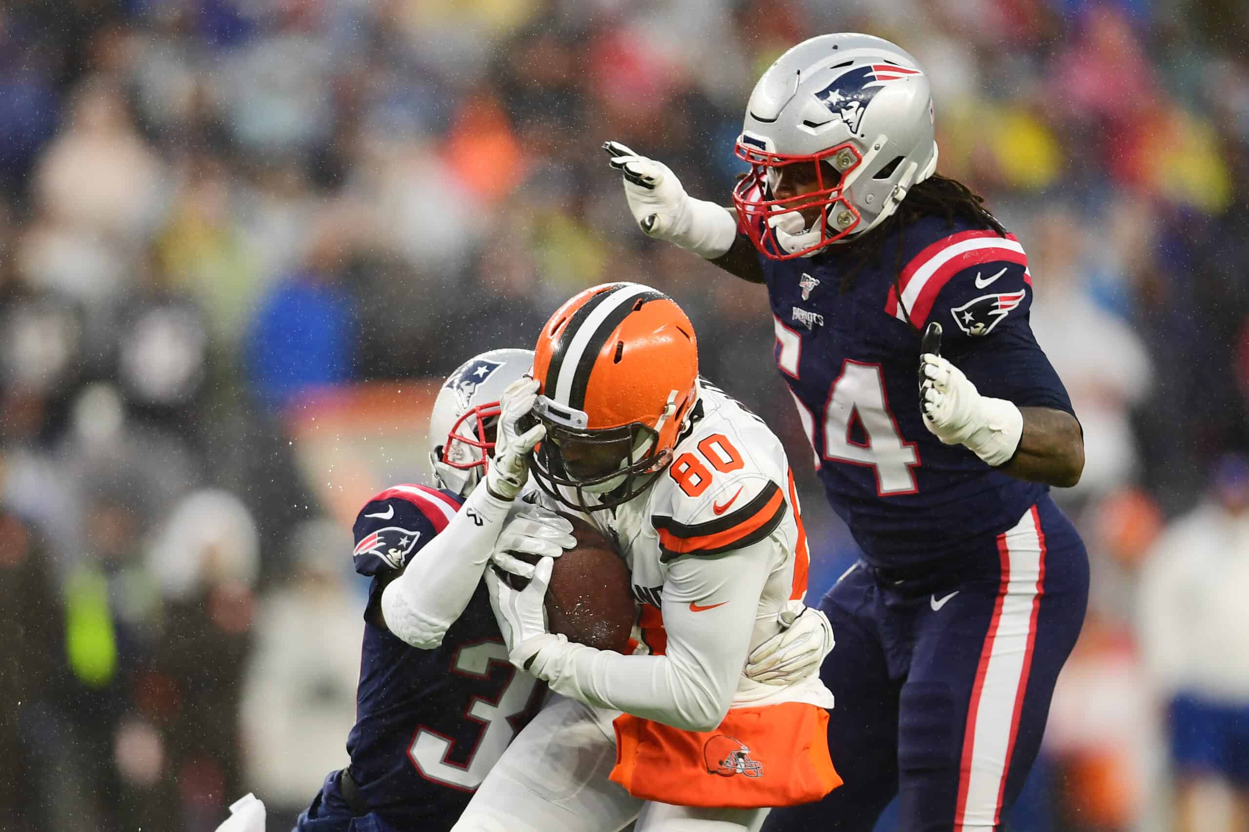 Wide receiver Jarvis Landry #80 of the Cleveland Browns carries the ball in the second quarter of the game against the New England Patriots at Gillette Stadium on October 27, 2019 in Foxborough, Massachusetts. 