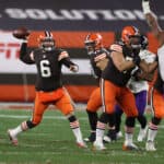 Baker Mayfield #6 of the Cleveland Browns plays against the Baltimore Ravens at FirstEnergy Stadium on December 14, 2020 in Cleveland, Ohio.