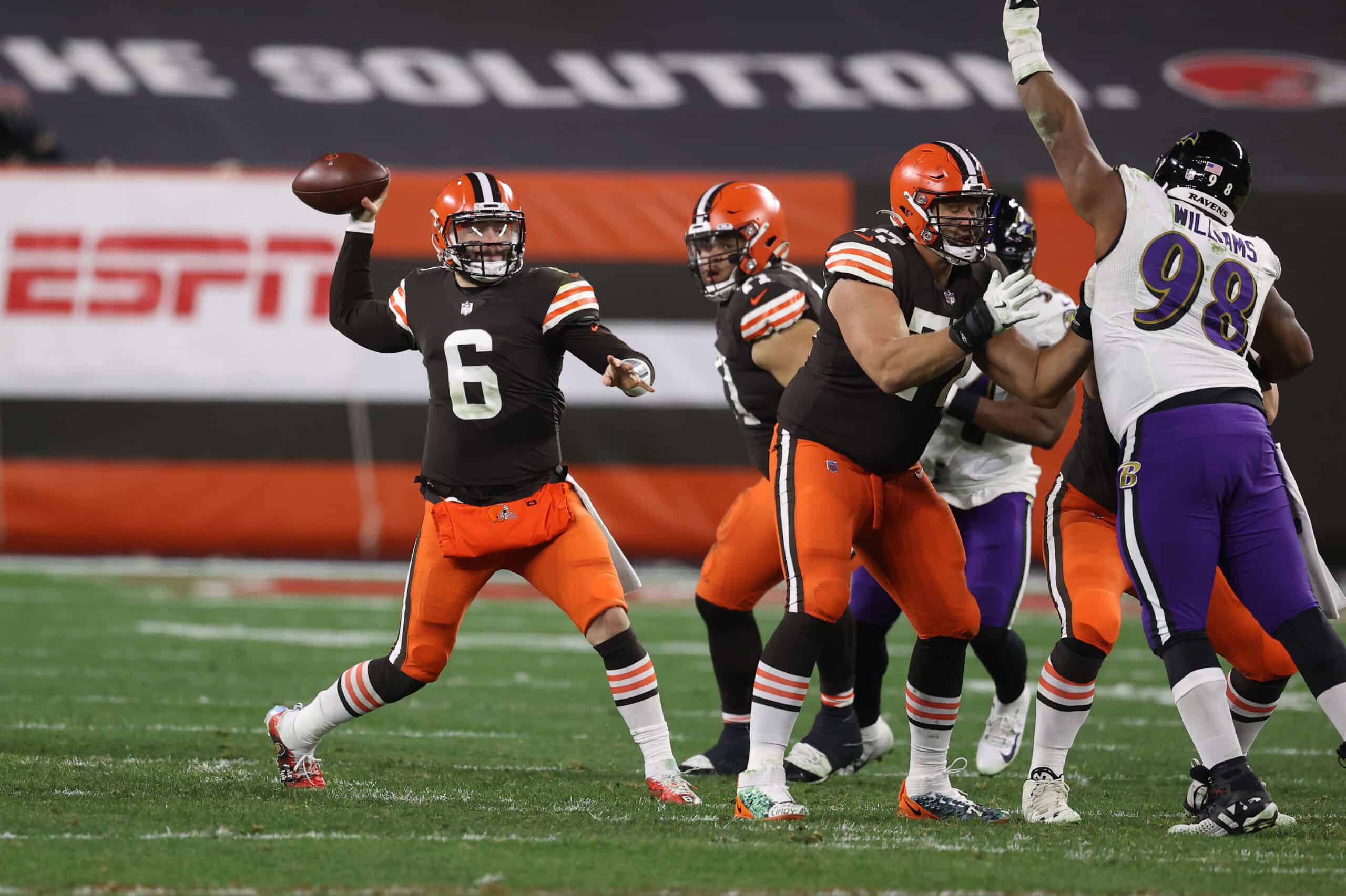 Baker Mayfield #6 of the Cleveland Browns plays against the Baltimore Ravens at FirstEnergy Stadium on December 14, 2020 in Cleveland, Ohio.