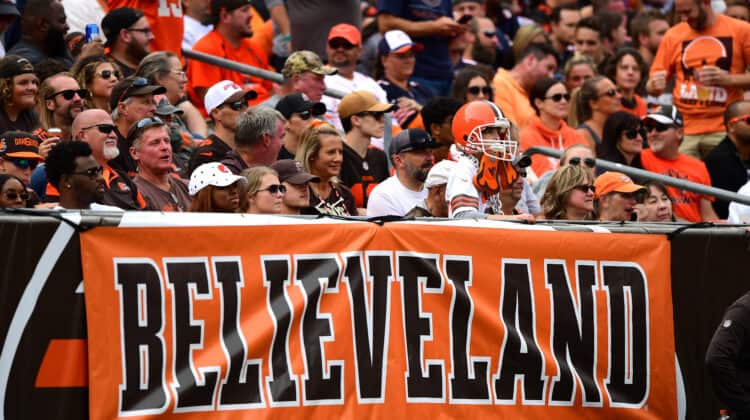 Cleveland Browns fans in the stands during the game against the Chicago Bears at FirstEnergy Stadium on September 26, 2021 in Cleveland, Ohio.