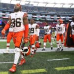 M.J. Stewart #36 of the Cleveland Browns and teammates leave the field after the 45-7 loss to the New England Patriots at Gillette Stadium on November 14, 2021 in Foxborough, Massachusetts.